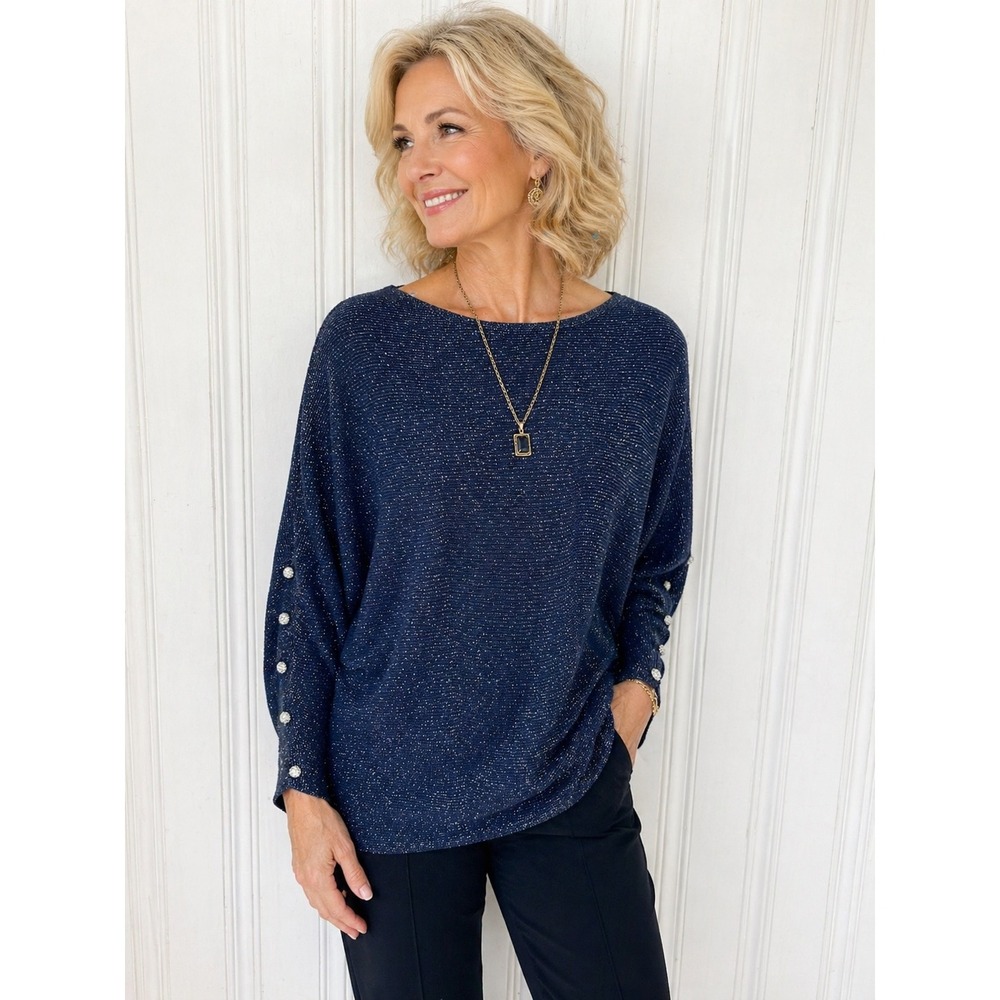 NWT Vila Milani L Navy Blue Metallic Shimmer Batwing Sweater Rhinestone Party